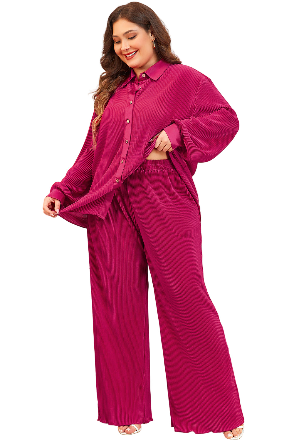 Rose Red Plus Size Ribbed Long Sleeve Shirt and Pants Pajama Set