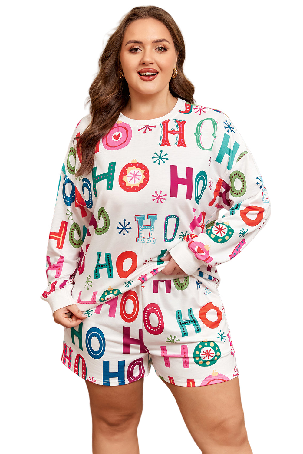 White Plus Size Christmas Ho Ho Ho Print Long Sleeve Top and Shorts 2pc Lounge Set