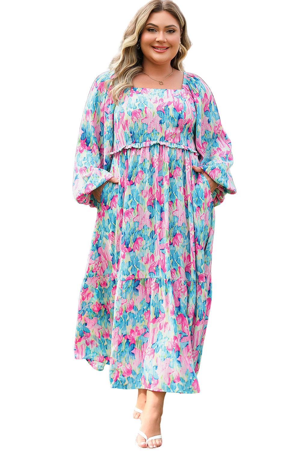 Sky Blue Floral Allover Print Shirred Square Neck Plus Size Maxi Dress