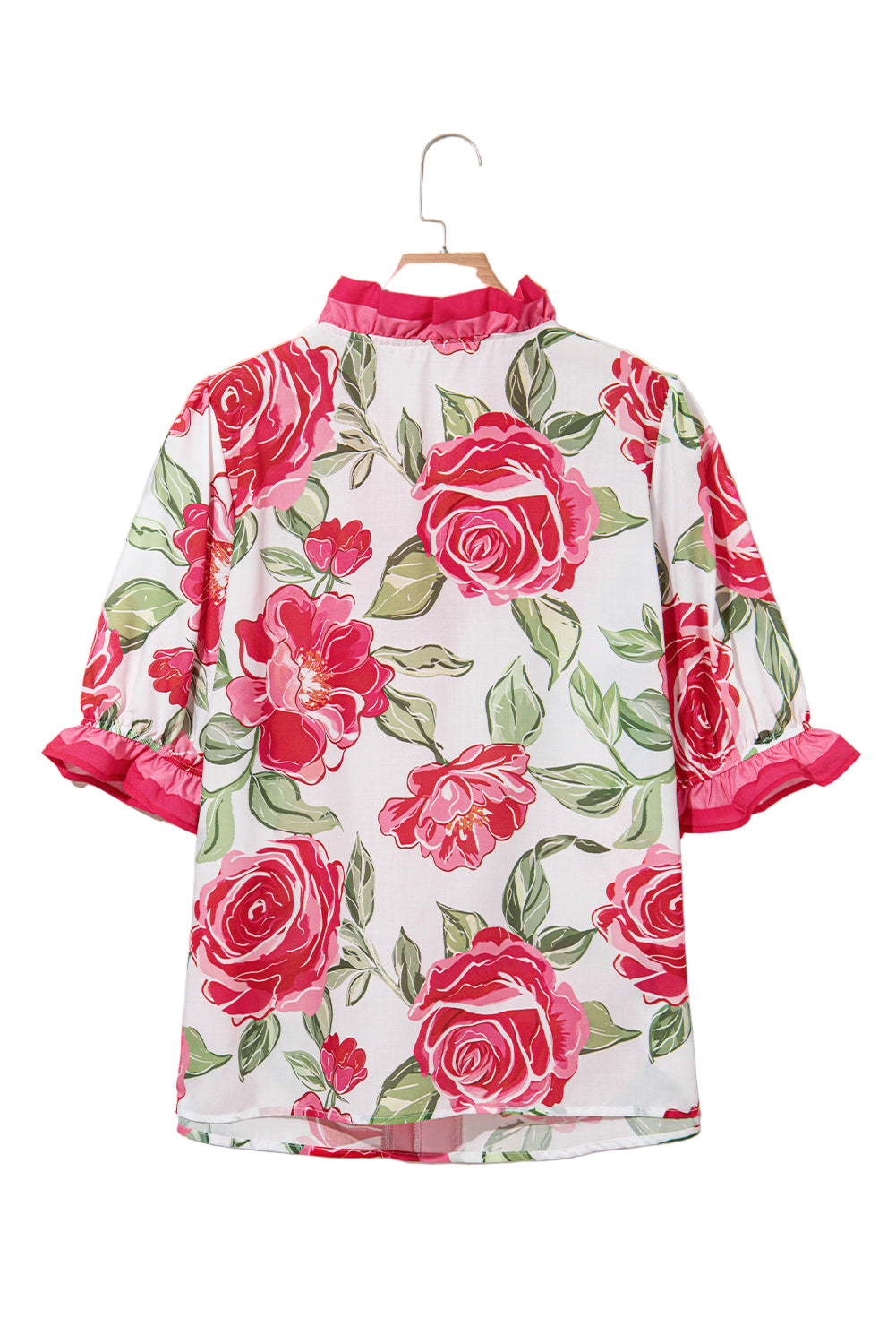 Rose Plus Size Floral Print Frill Neck Short Sleeve Blouse
