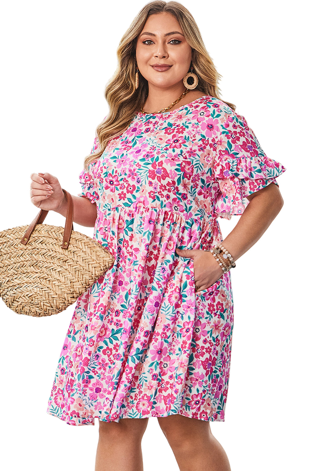 White Plus Size Floral Print Frilled Short Sleeve Flare Dress