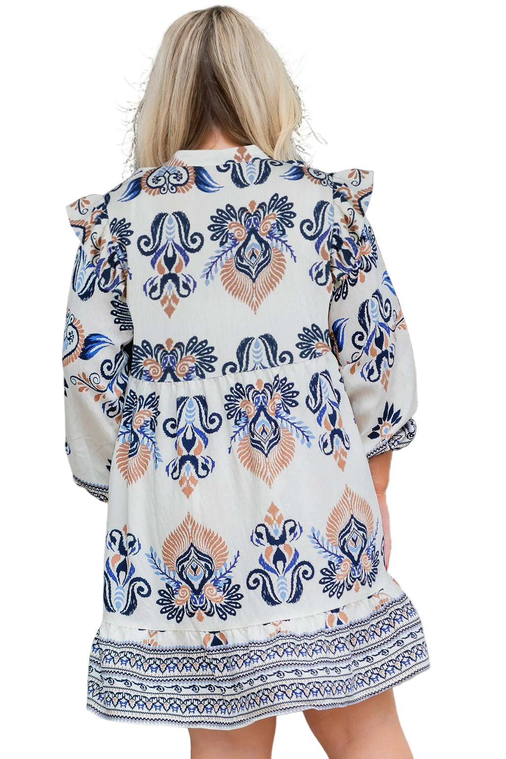 Sky Blue Plus Size Boho Print Split Neck Long Sleeve Mini Dress
