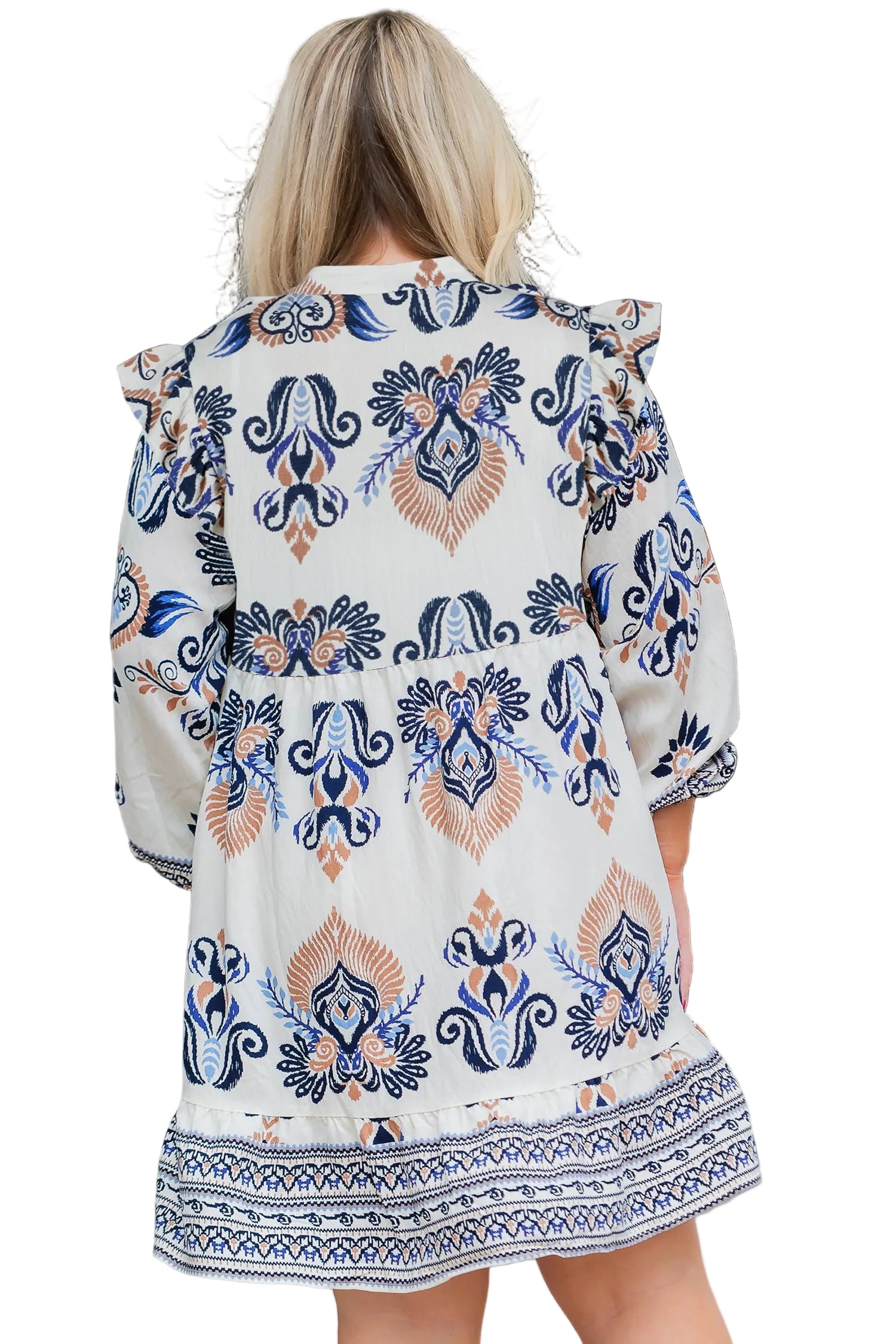 Sky Blue Plus Size Boho Print Split Neck Long Sleeve Mini Dress