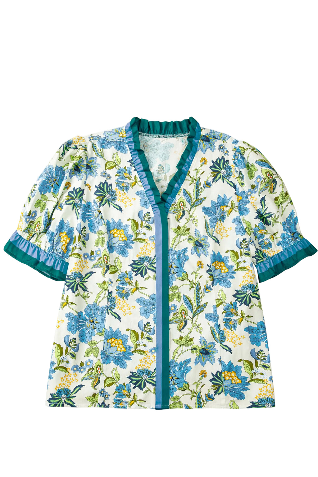 Sky Blue Plus Size Frilled V Neck Short Sleeve Floral Blouse