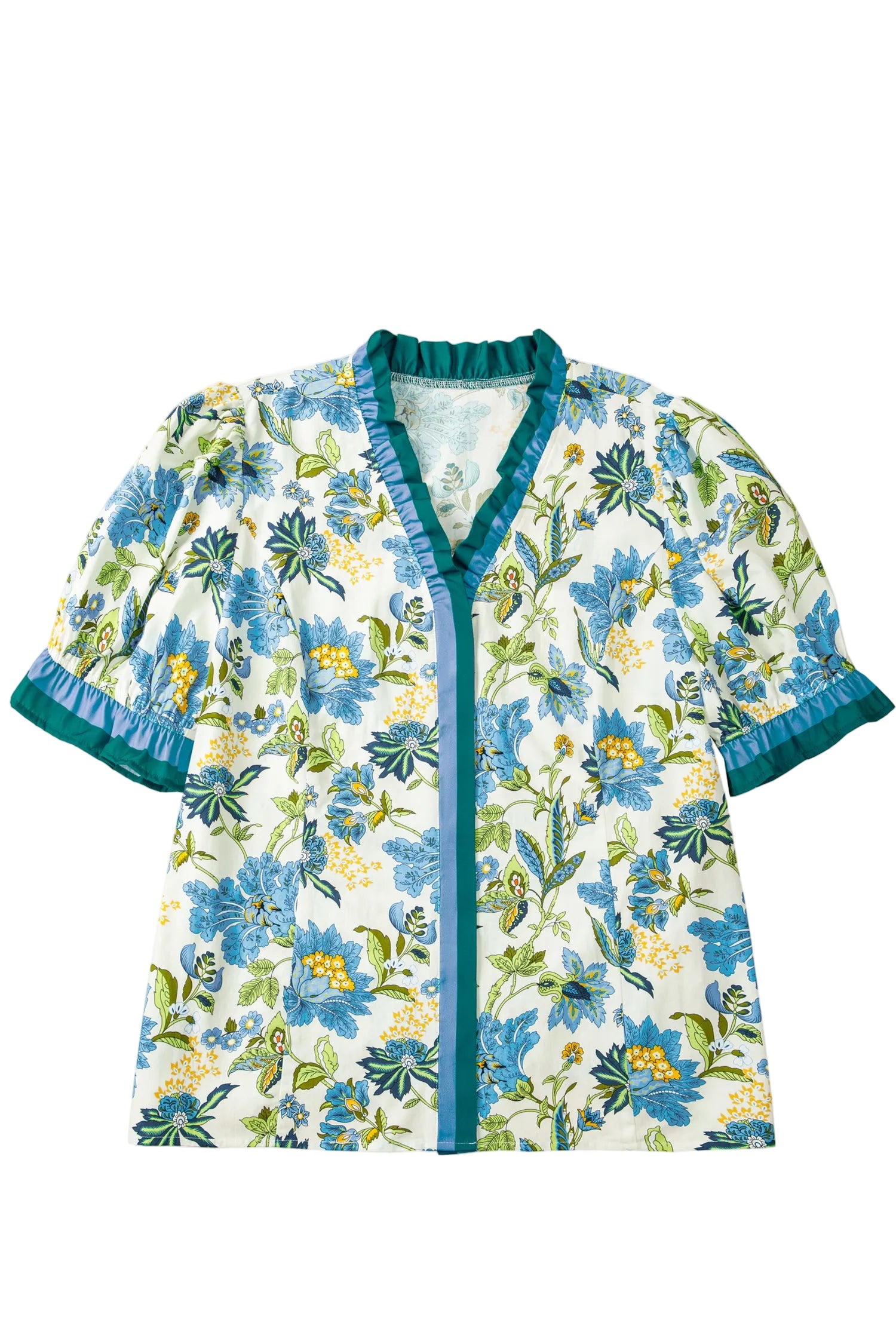Sky Blue Plus Size Frilled V Neck Short Sleeve Floral Blouse