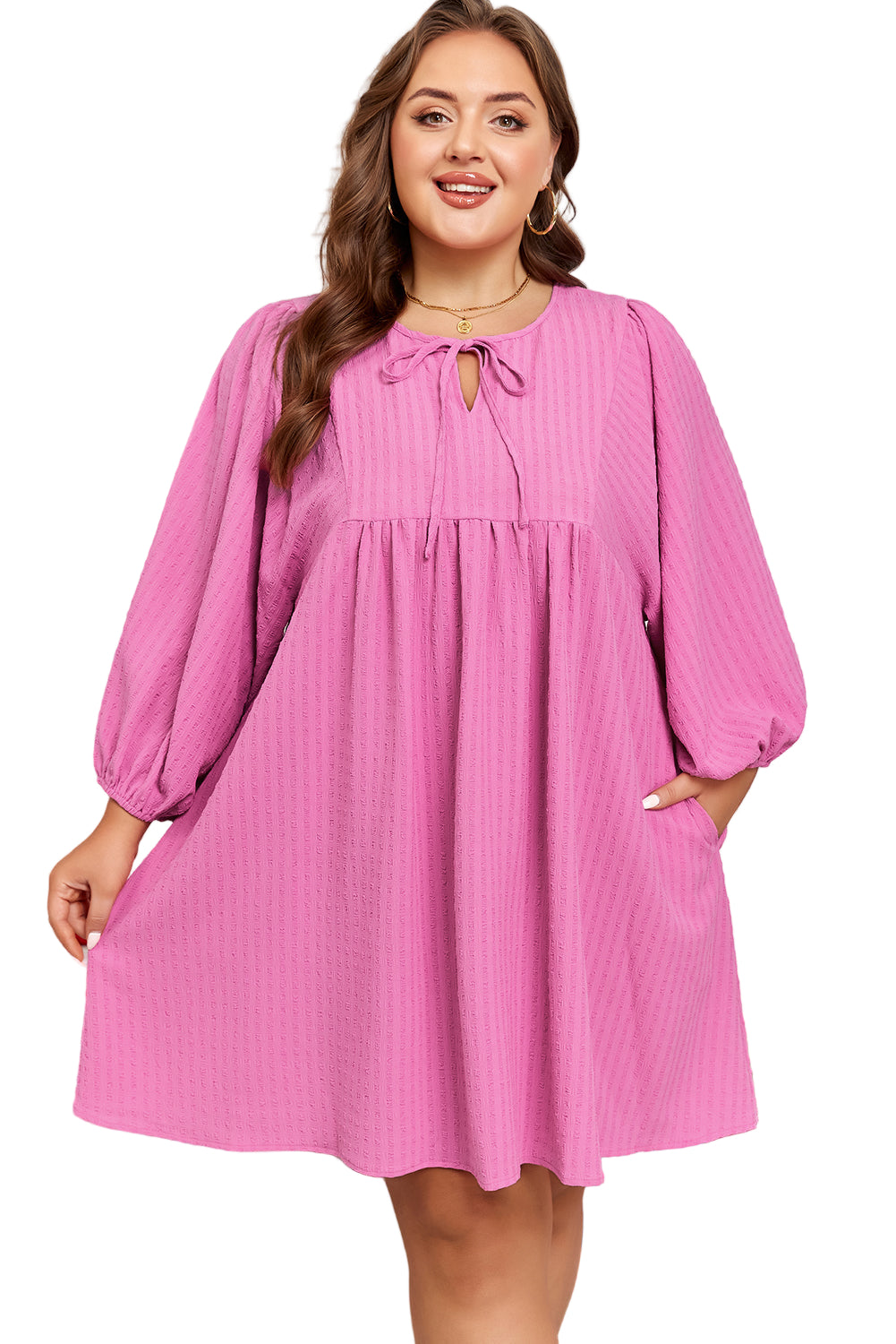 Sachet Pink Plus Size Textured Tie Split Neck Puff Sleeve Flowy Mini Dress