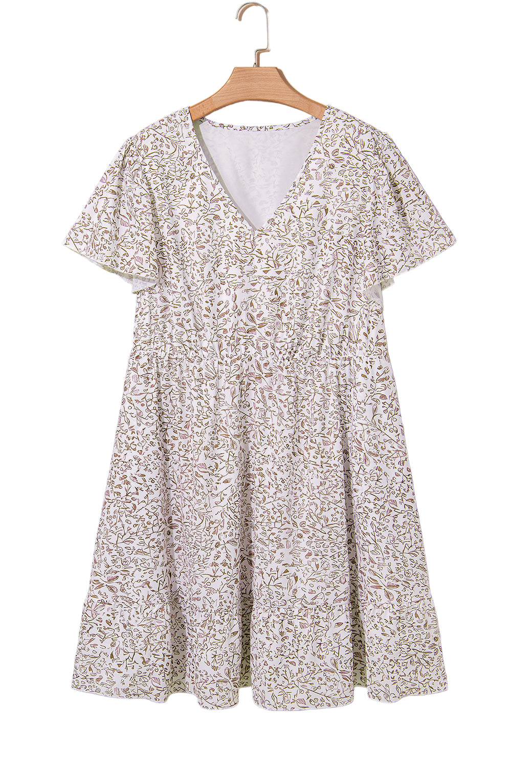 White Floral V Neck Ruffled Short Sleeve Plus Size Dress