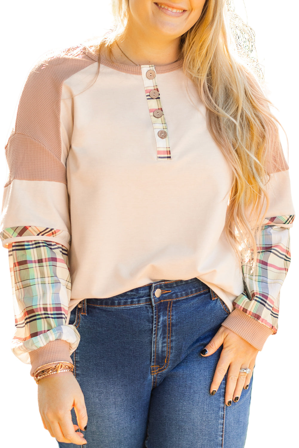 Parchment Plus Size Plaid Waffle Patchwork Henley Top
