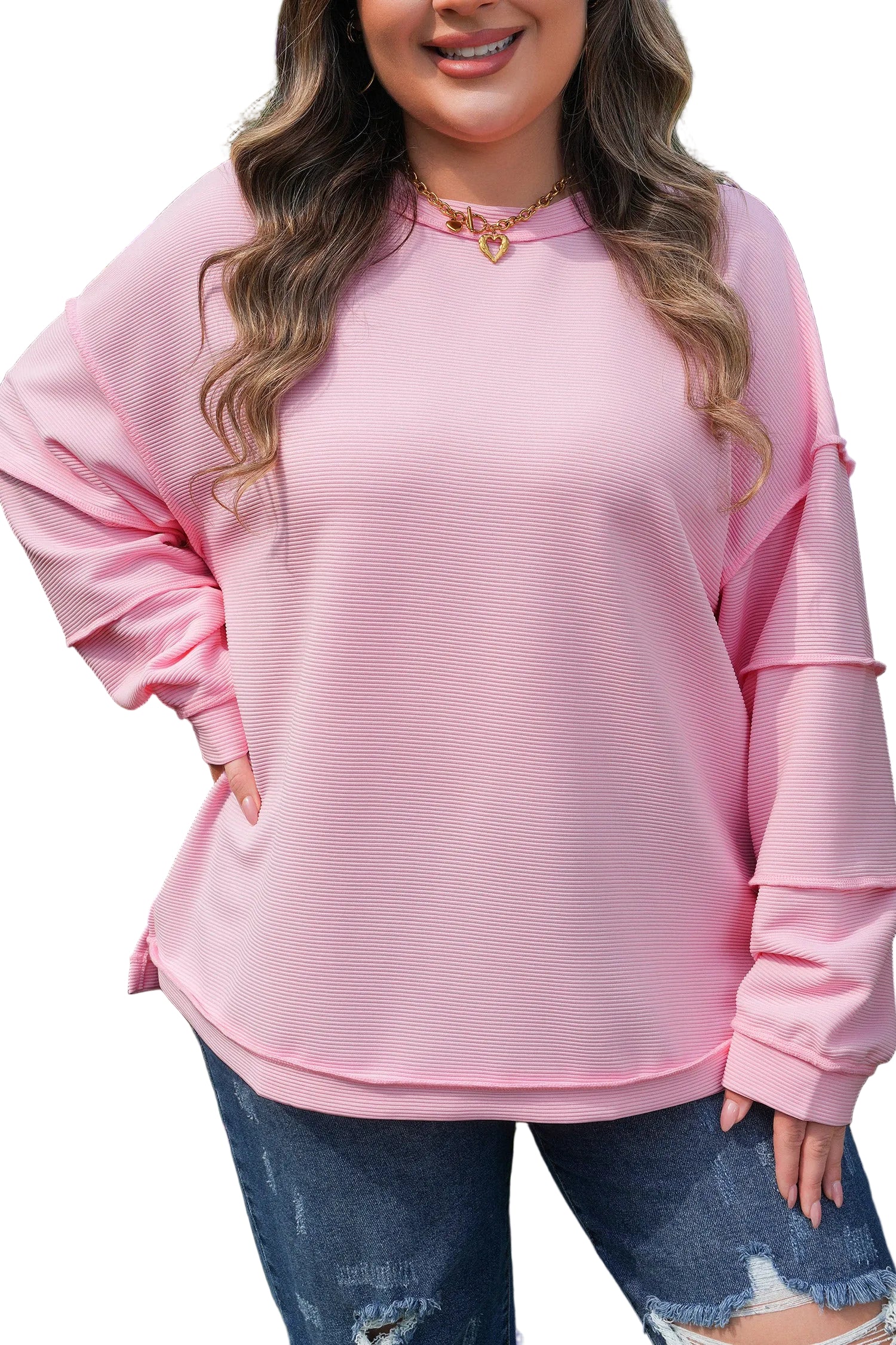 Pink Drop Shoulder Long Sleeve Plus Size Ribbed Top