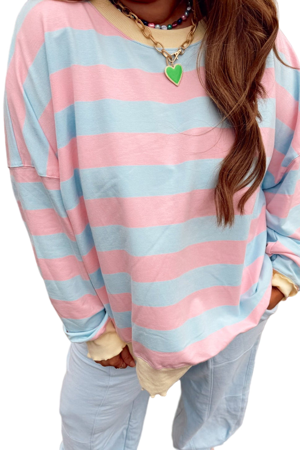 Sky Blue Stripe Colorblock Plus Size Sweatshirt