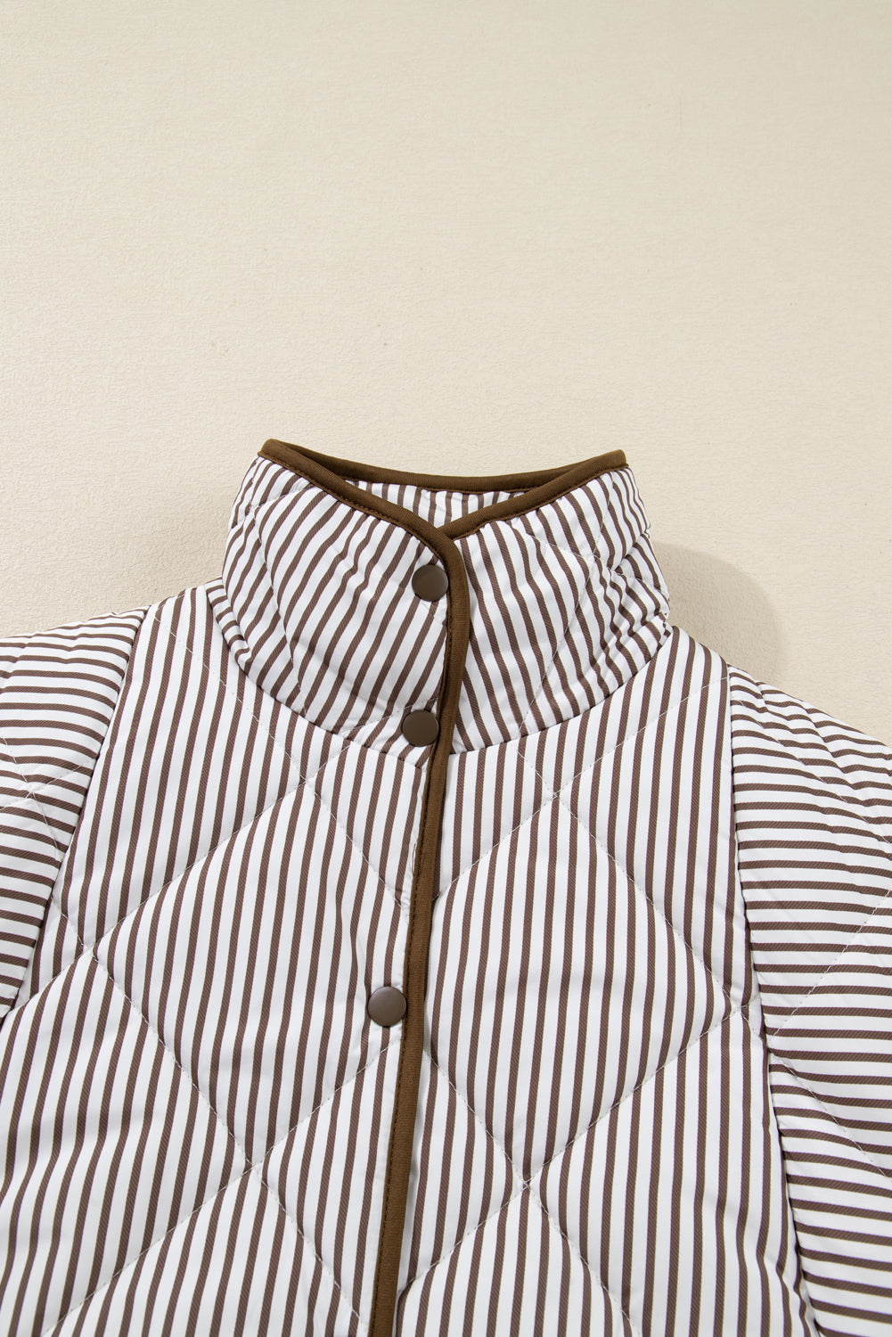 Brown Stripe Quilted Wavy Hem Snap Button Plus Size Vest