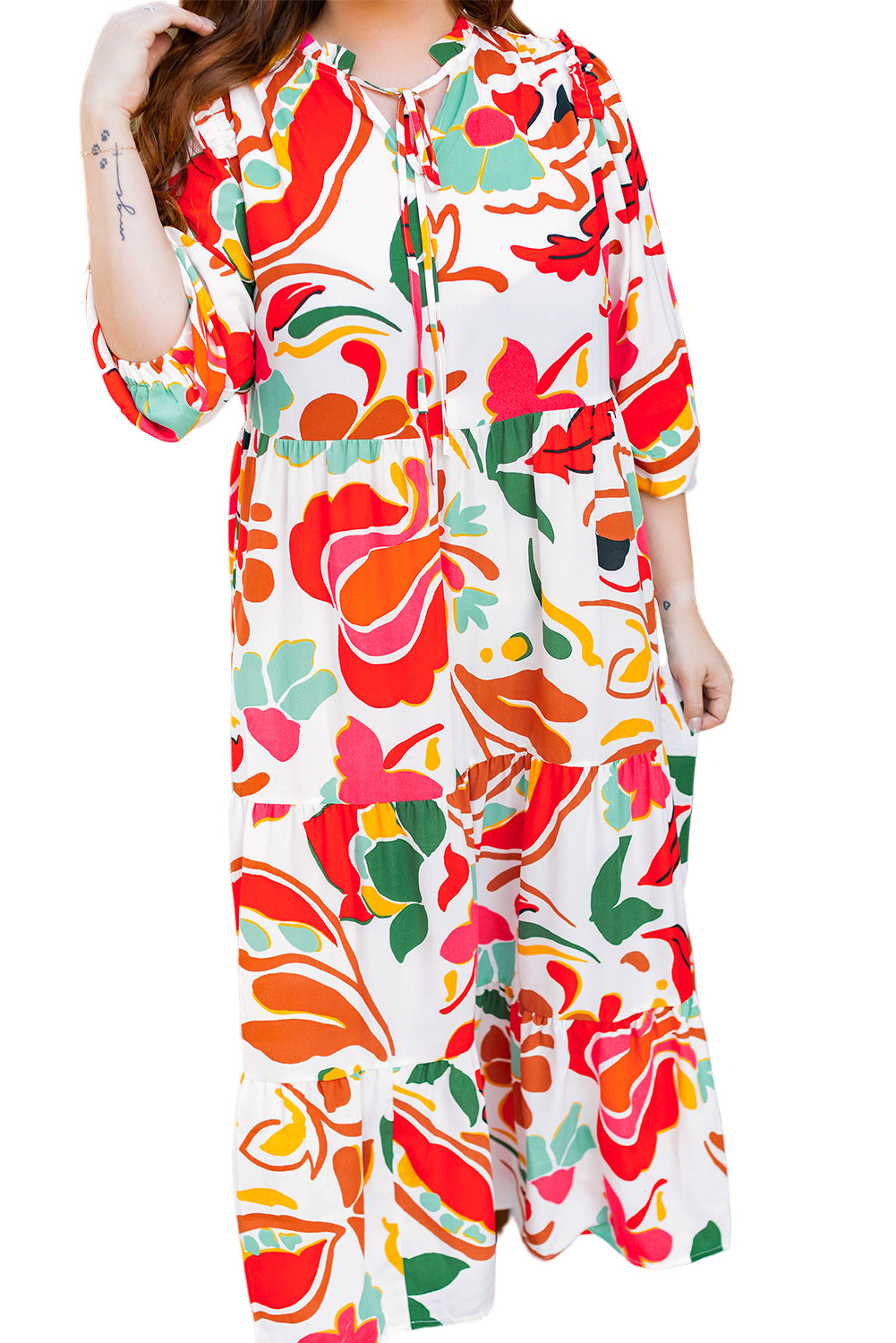 Orange Floral Print Drawstring V Neck Tiered Plus Size Dress