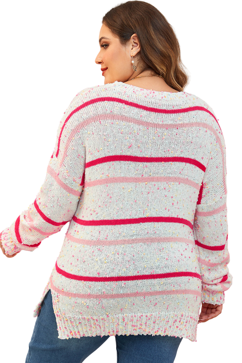 Pink Stripe Drop Shoulder Side Split Plus Size Sweater