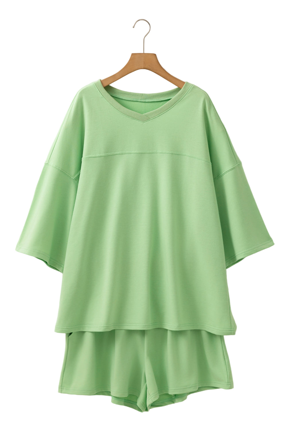 Meadow Mist Green Plus Size V Neck Drop Shoulder Tee Loose Shorts 2pcs Outfit