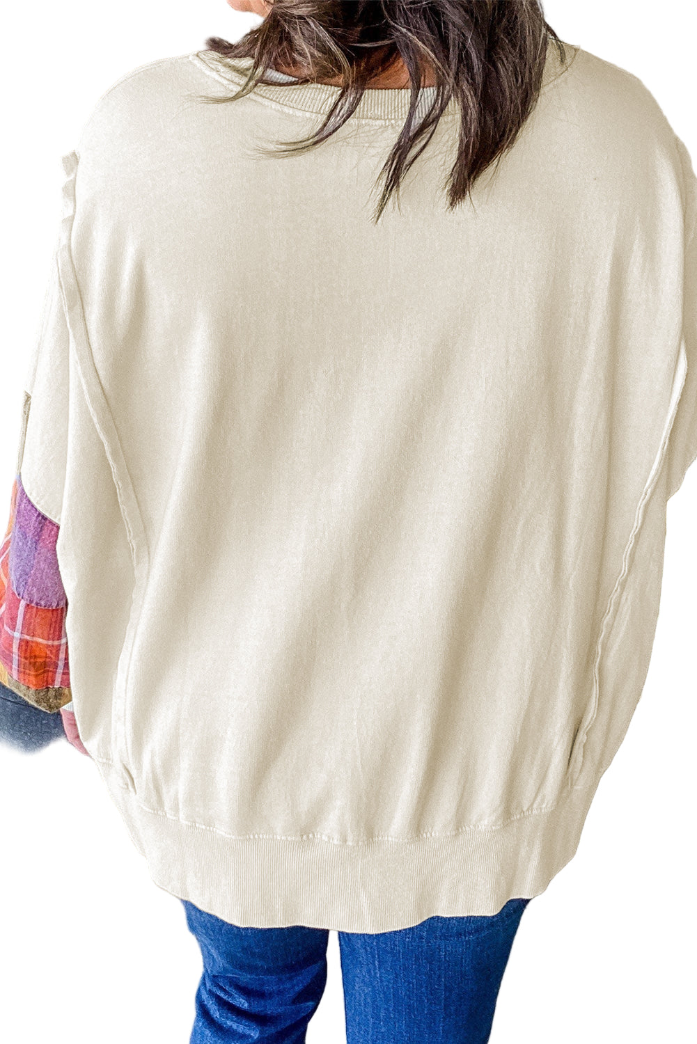 Beige Plus Size Plaid Patchwork Sleeve Pullover Top