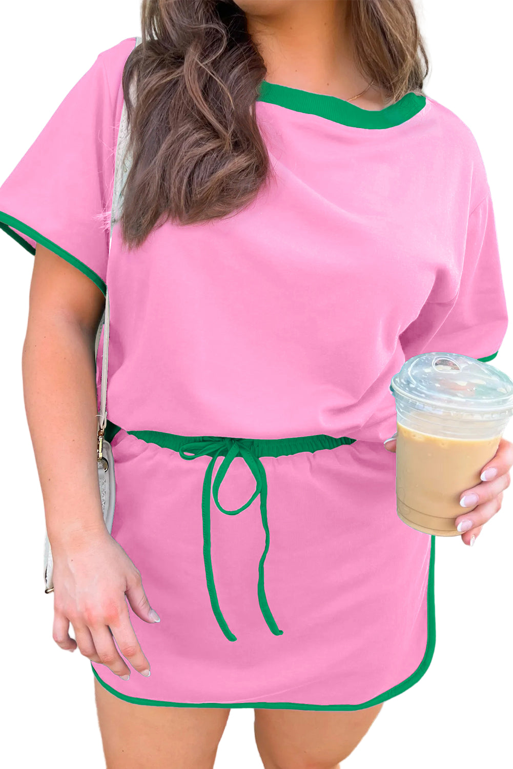 Bonbon Plus Size Contrast Trim T Shirt and Skirt Two Piece Set