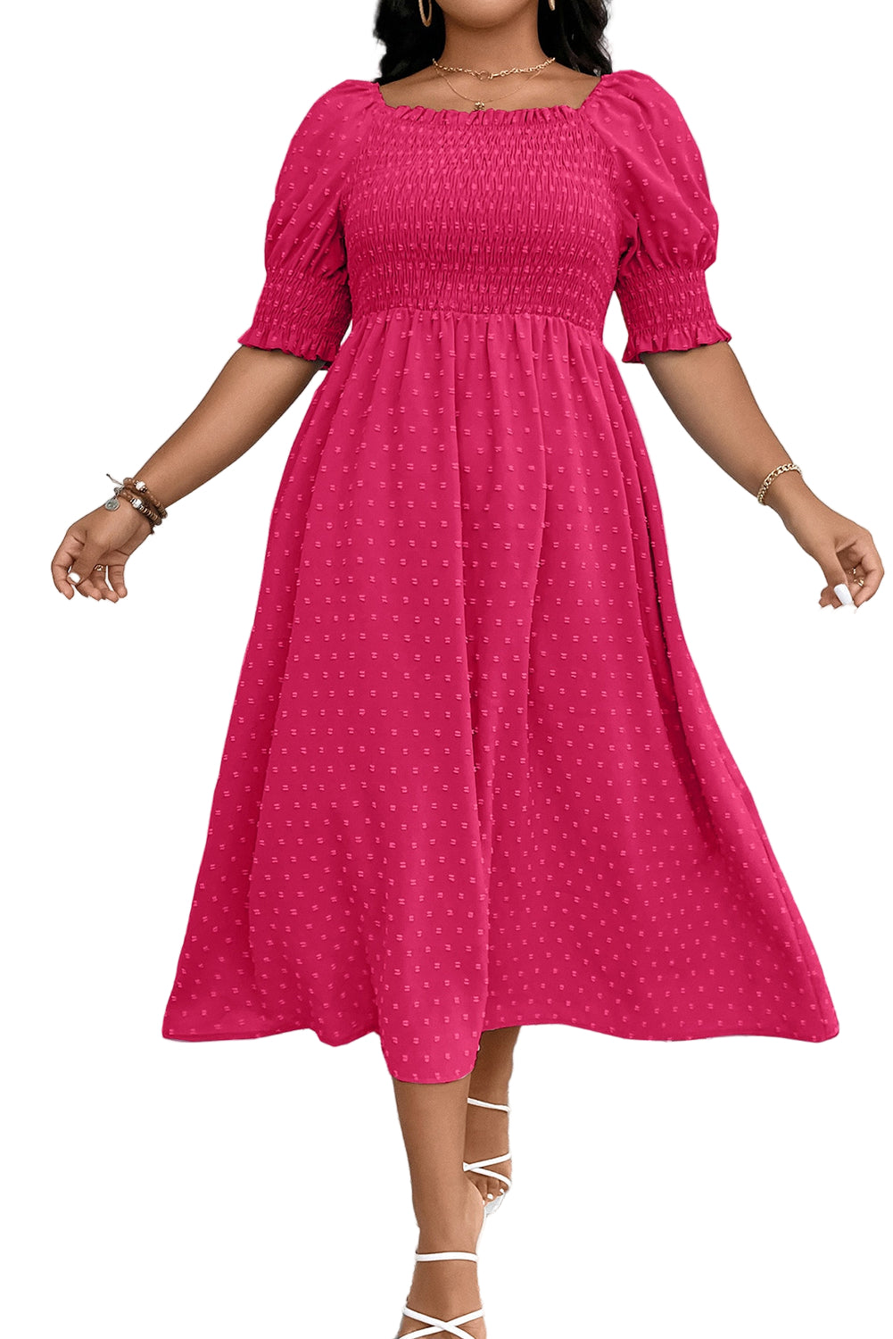 Wisteria Swiss Dot Smocked Frilled Neckline Short Sleeve Plus Size Dress