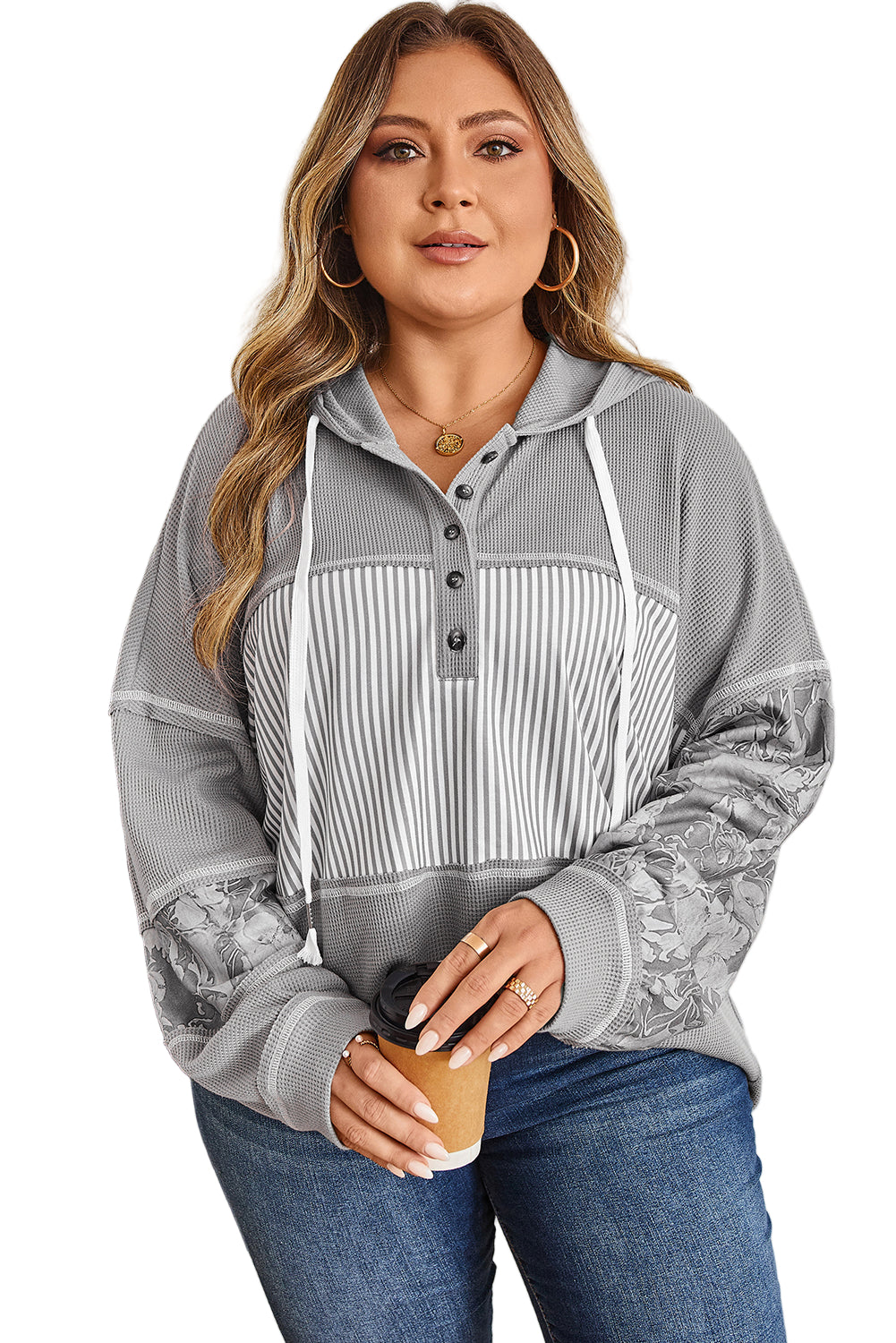 Gray Mixed Pattern Waffle Knit Patchwork Half Buttons Plus Hooded Top