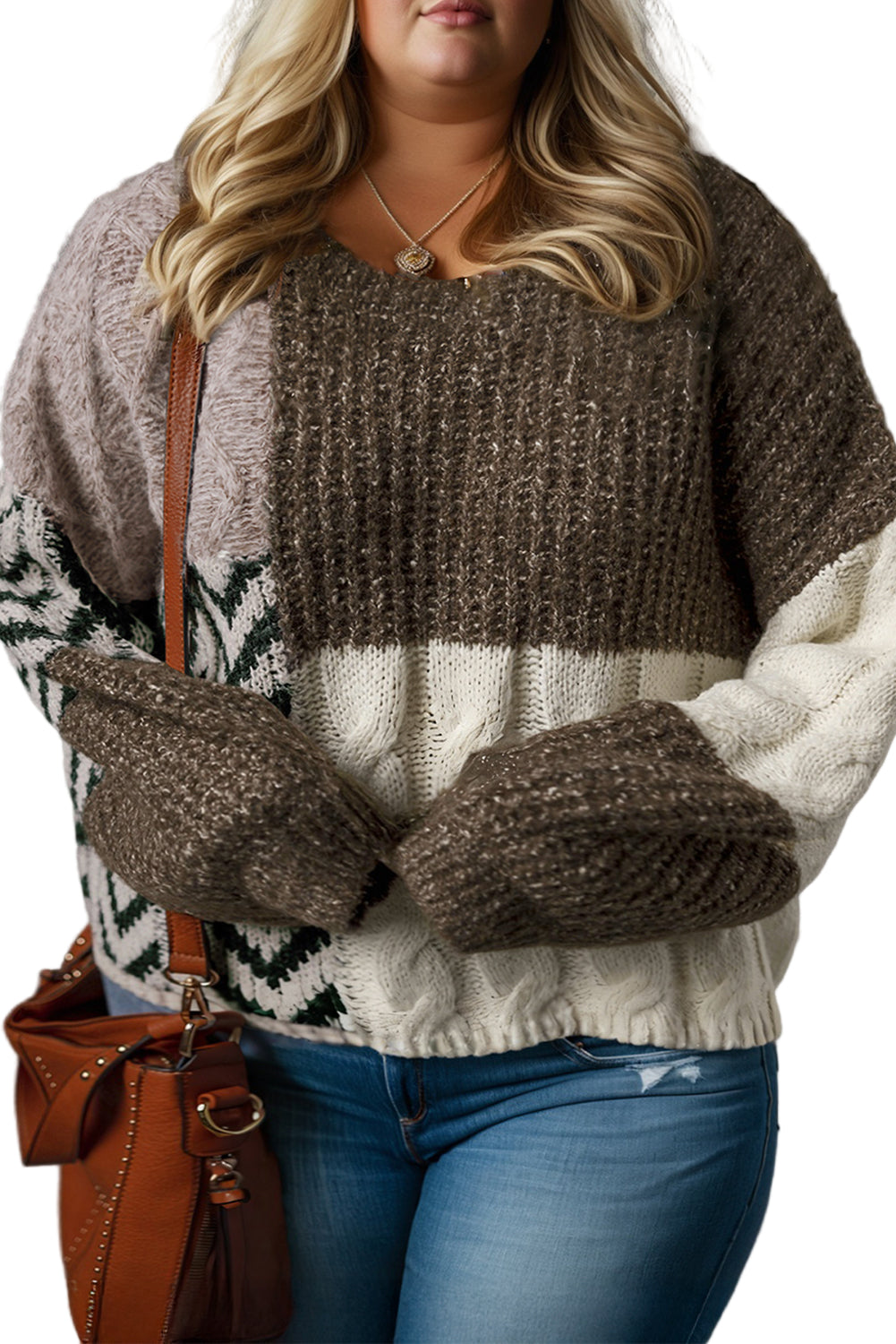 Brown Plus Size Color Block Patchwork Knotted Back Loose Fit Sweater