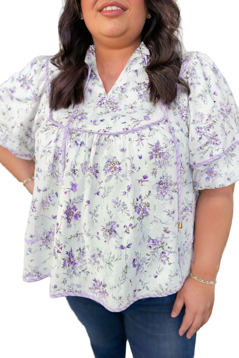 Purple Floral Print Split Neck Plus Size Top