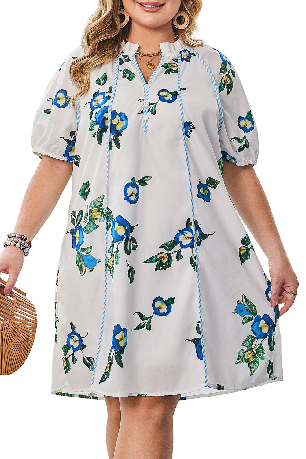 White Plus Size Floral Short Puff Sleeve Contrast Tie V Neck Dress