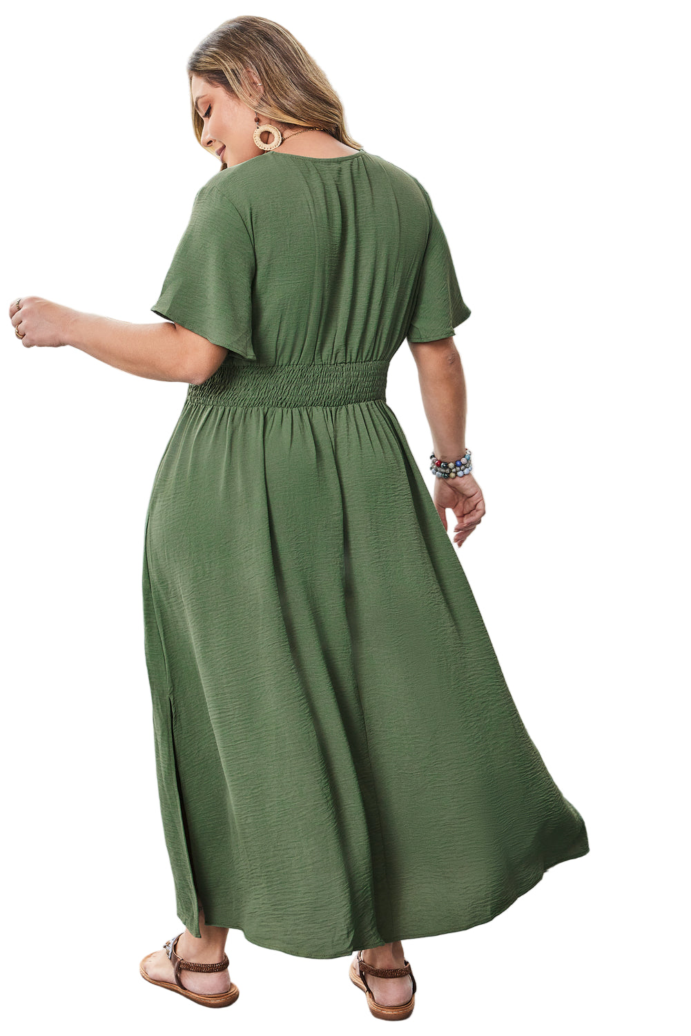 Four Leaf Clover Surplice Neckline Shirred High Waist Plus Size Maxi Dress