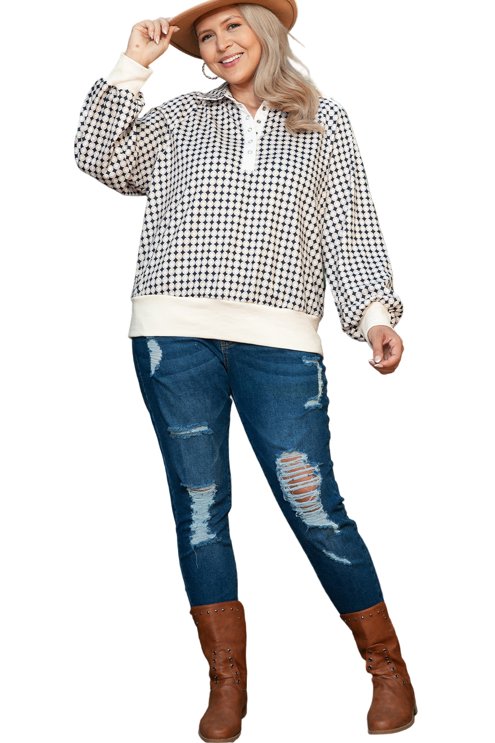 Black Plus Size Two Tone Contrast Collared Pullover Sweatshirt