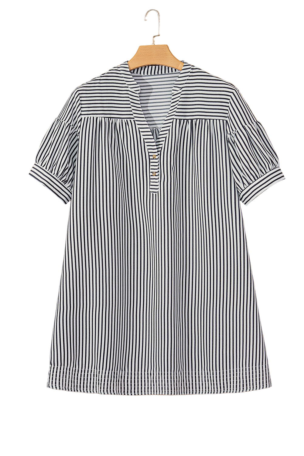 Black Stripe Short Sleeve Buttoned V Neck Pocketed Plus Size Mini Dress