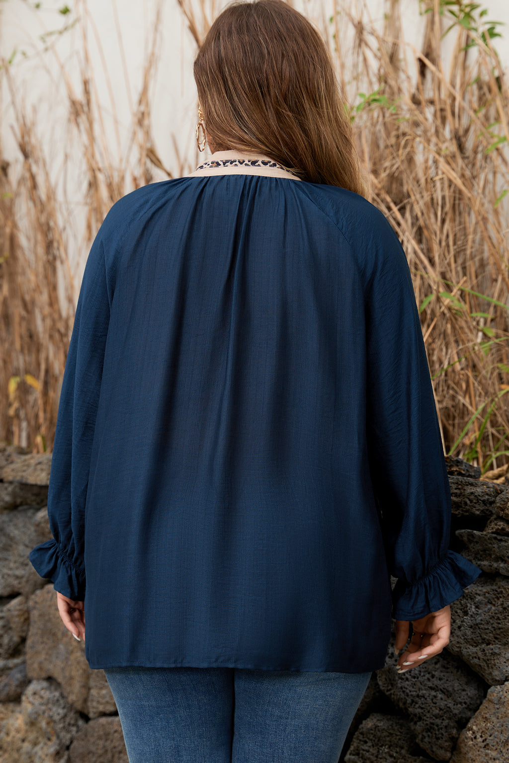 Navy Blue Contrast Leopard Patchwork Collar Plus Size Long Flounce Sleeve Blouse