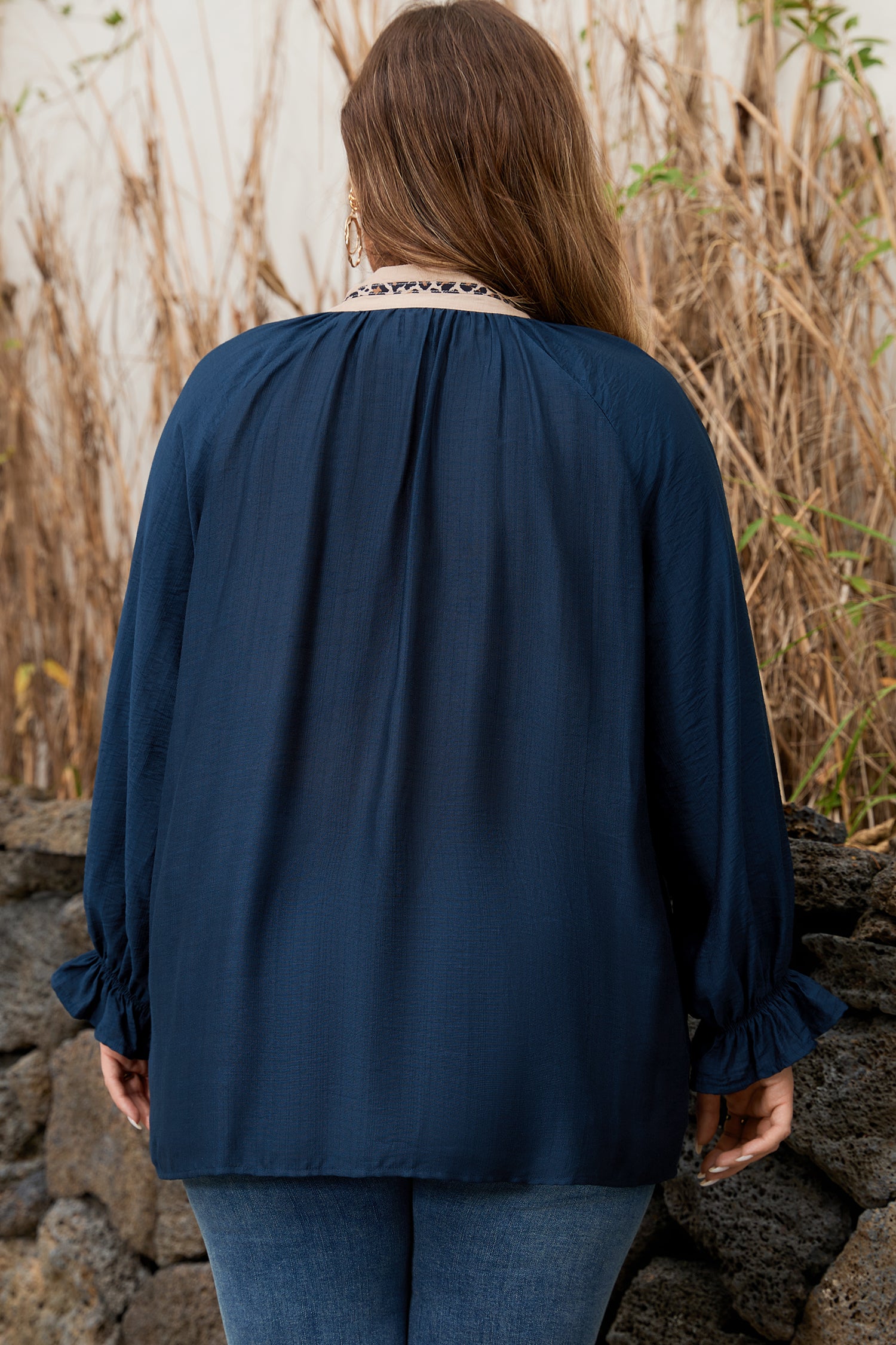 Navy Blue Contrast Leopard Patchwork Collar Plus Size Long Flounce Sleeve Blouse