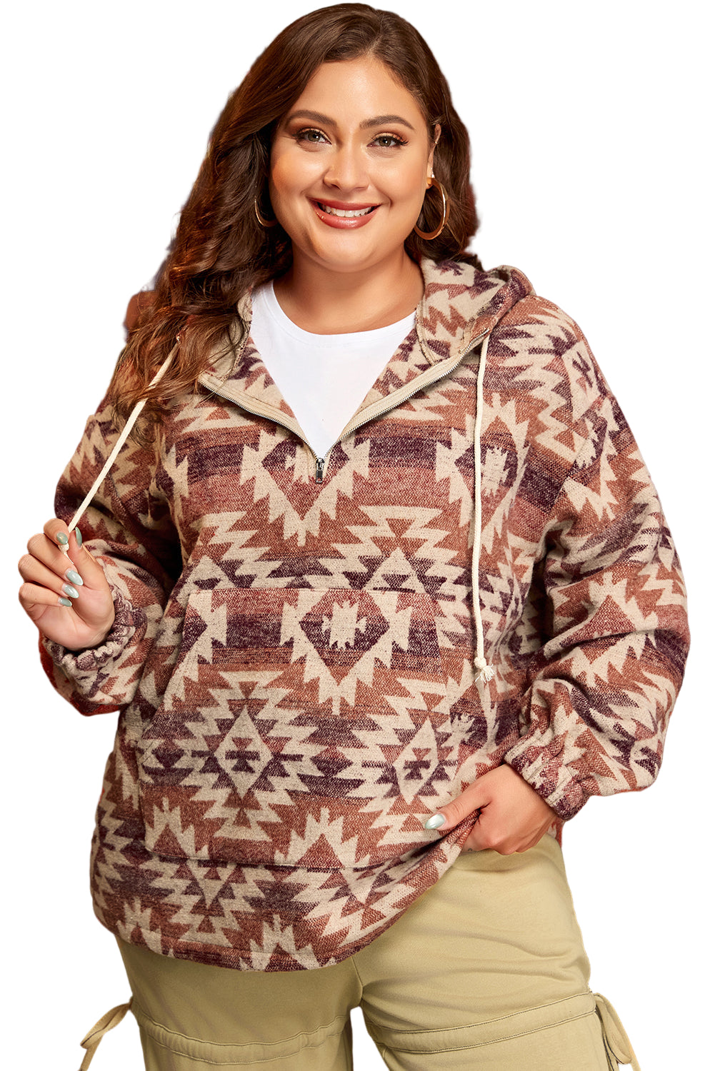 Red Plus Size Western Fashion Aztec Patterned Half Zip High Neck Hoodie