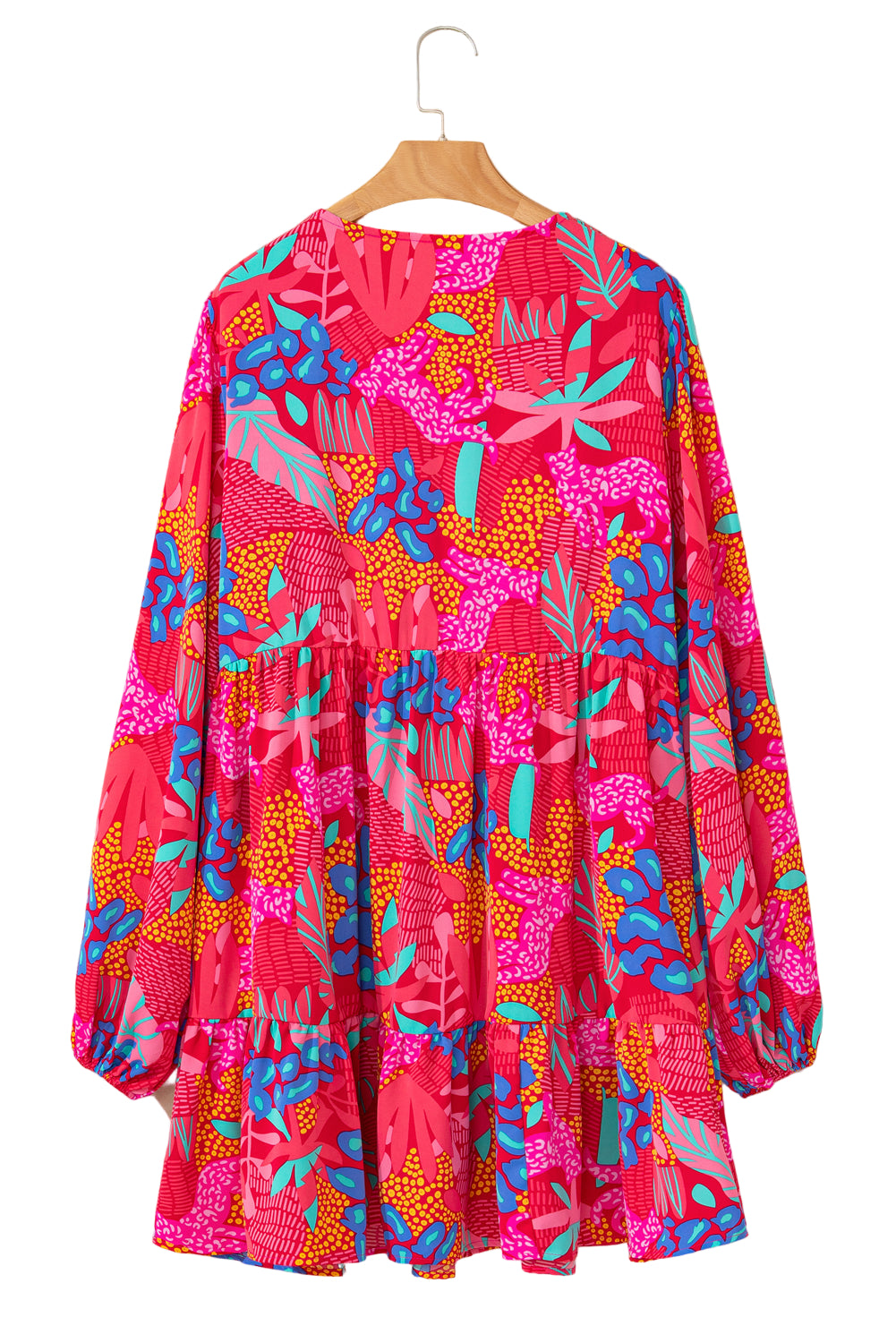 Rose Tropical Printed Lantern Sleeve V Neck Ruffled Plus Size Mini Dress