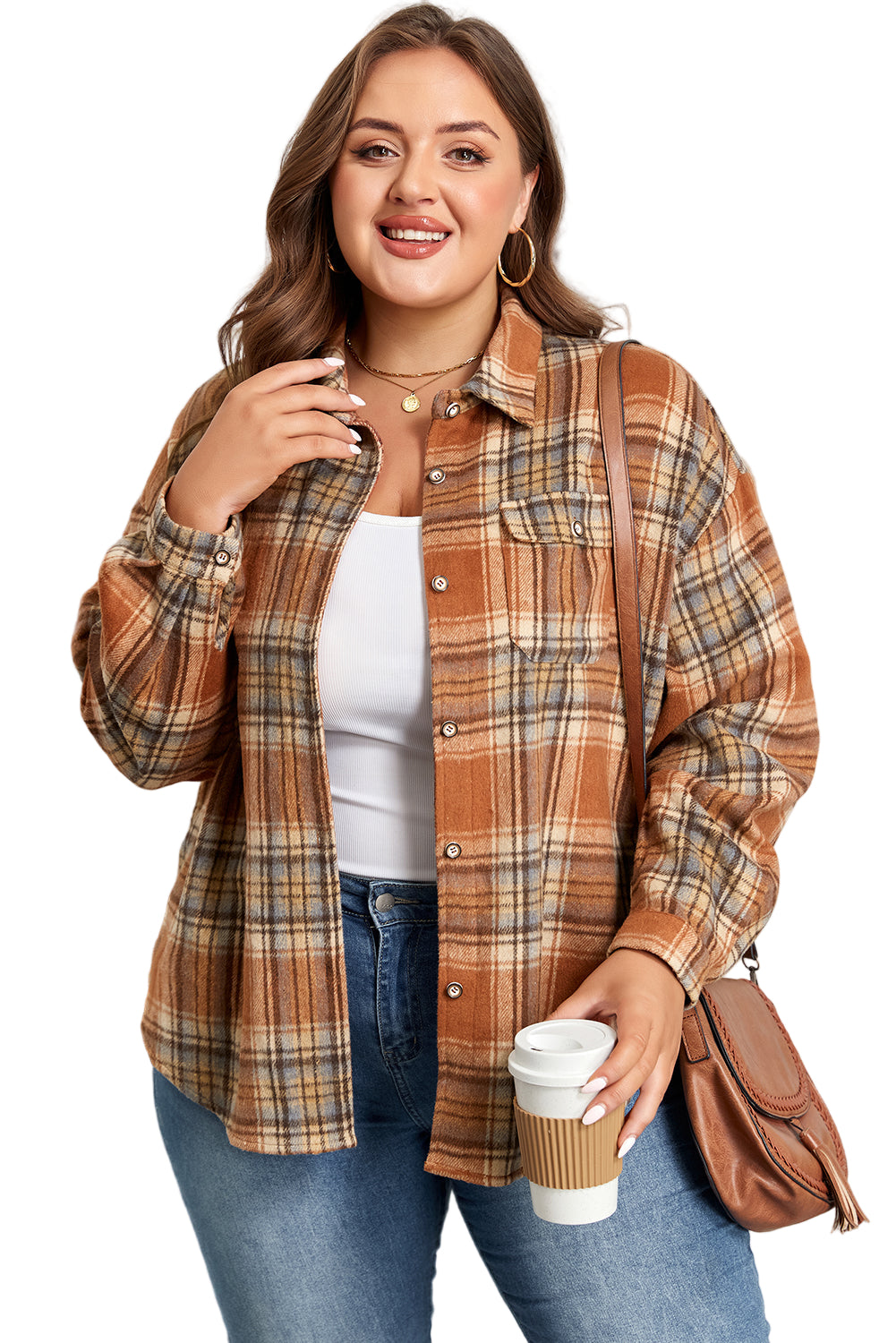 Brown Plaid Print Flap Pocket Buttoned Plus Size Shacket