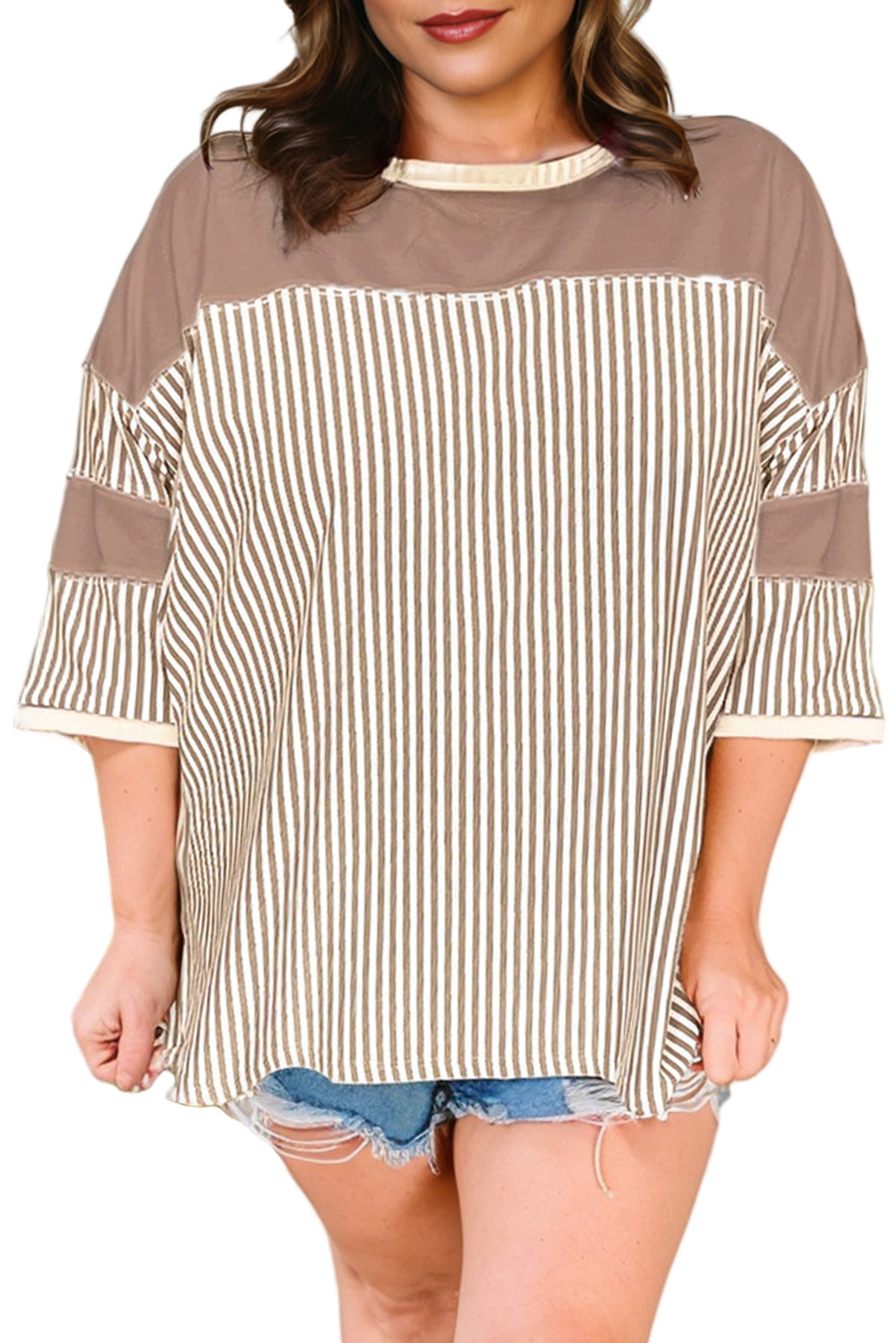 Khaki Stripe Patchwork Bracelet Sleeve Plus Size T Shirt