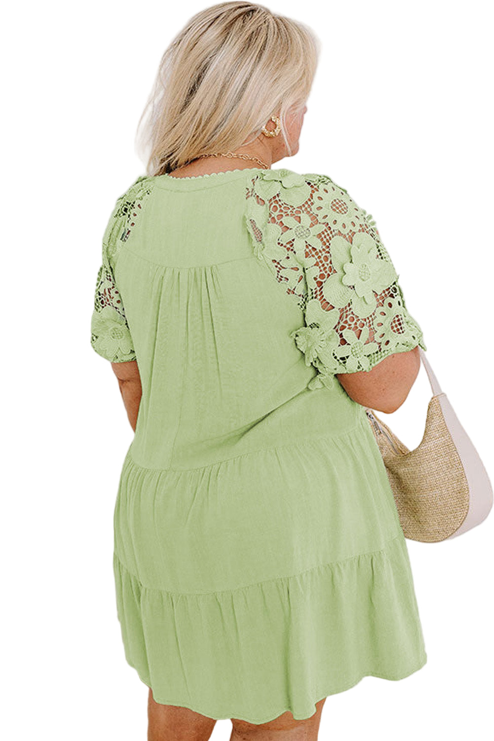 Laurel Green Floral Crochet Short Sleeve Notch V Neck Tiered Plus Size Mini Dress