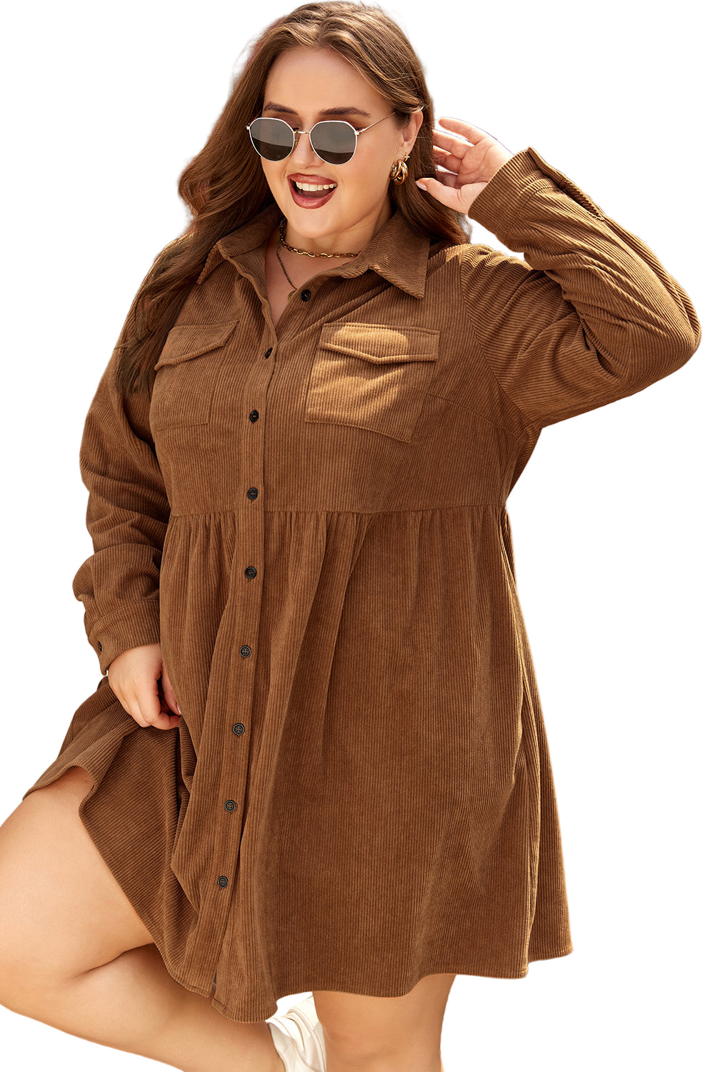 Camel Corduroy Full Buttoned Collared Shirt Style Plus Size Dress