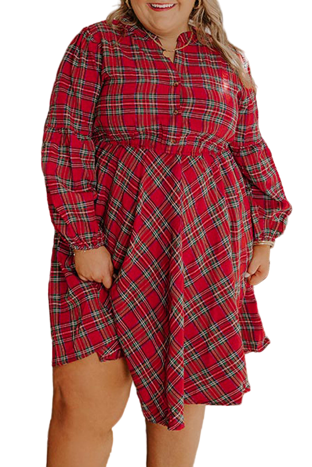 Red Plus Size Plaid Half Button Long Sleeve Holiday Dress