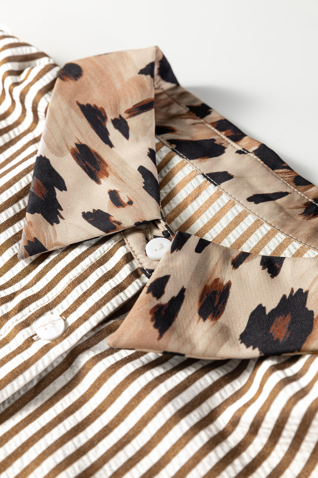 Brown Stripe Leopard Patched Collared Chest Pocket Cuffed Long Sleeve Plus Size Shirt