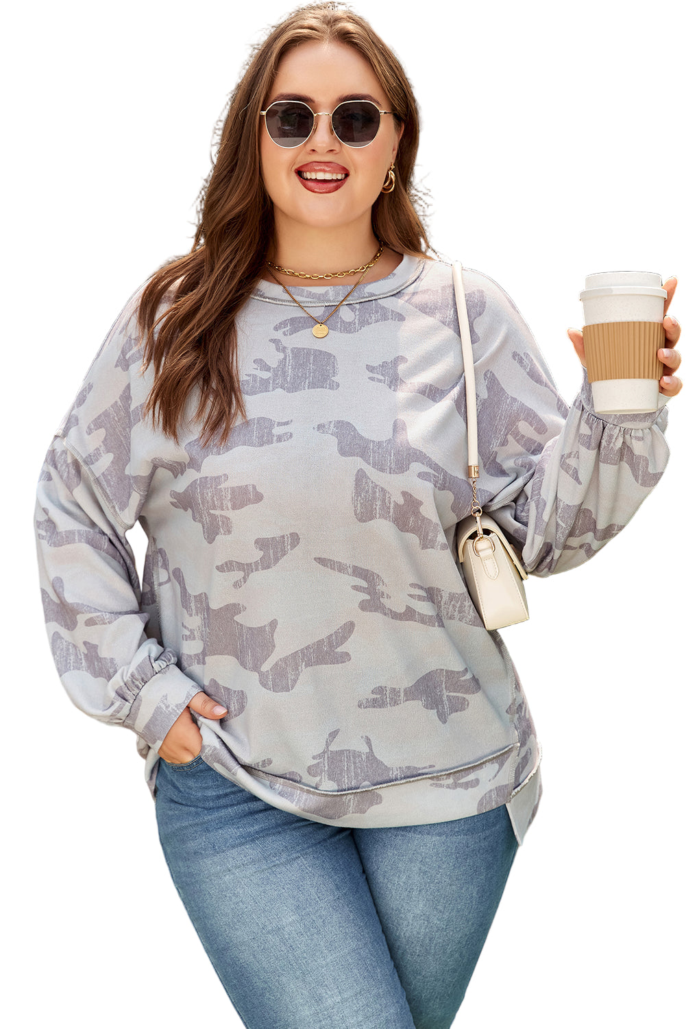 Multicolour Camouflage Print Round Neck Plus Size Sweatshirt