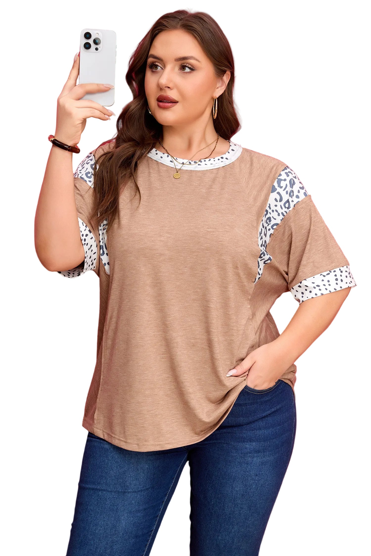 Chestnut Animal Color Block Patchwork Plus Size Tee