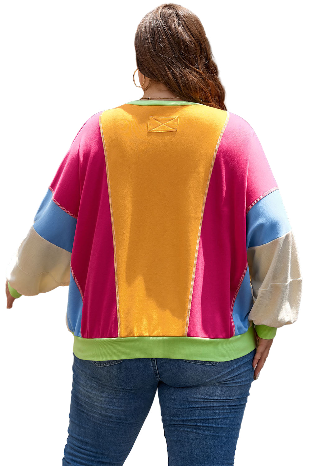 Rose Red Plus Size Colorblock Patchwork Exposed Seam Sweatshirt
