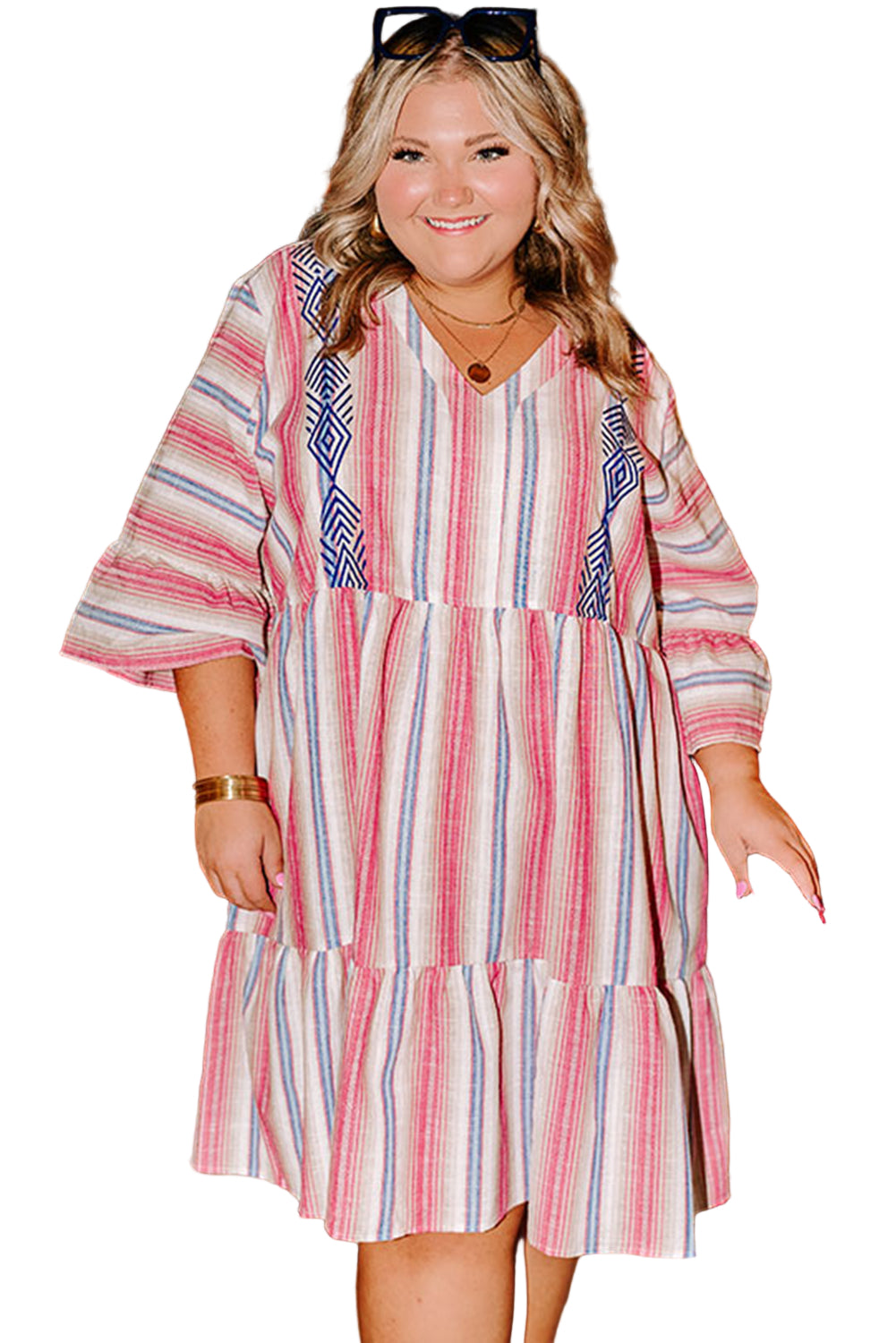 White Stripe Plus Size Embroidered Detail Flared 3/4 Sleeve V Neck Dress