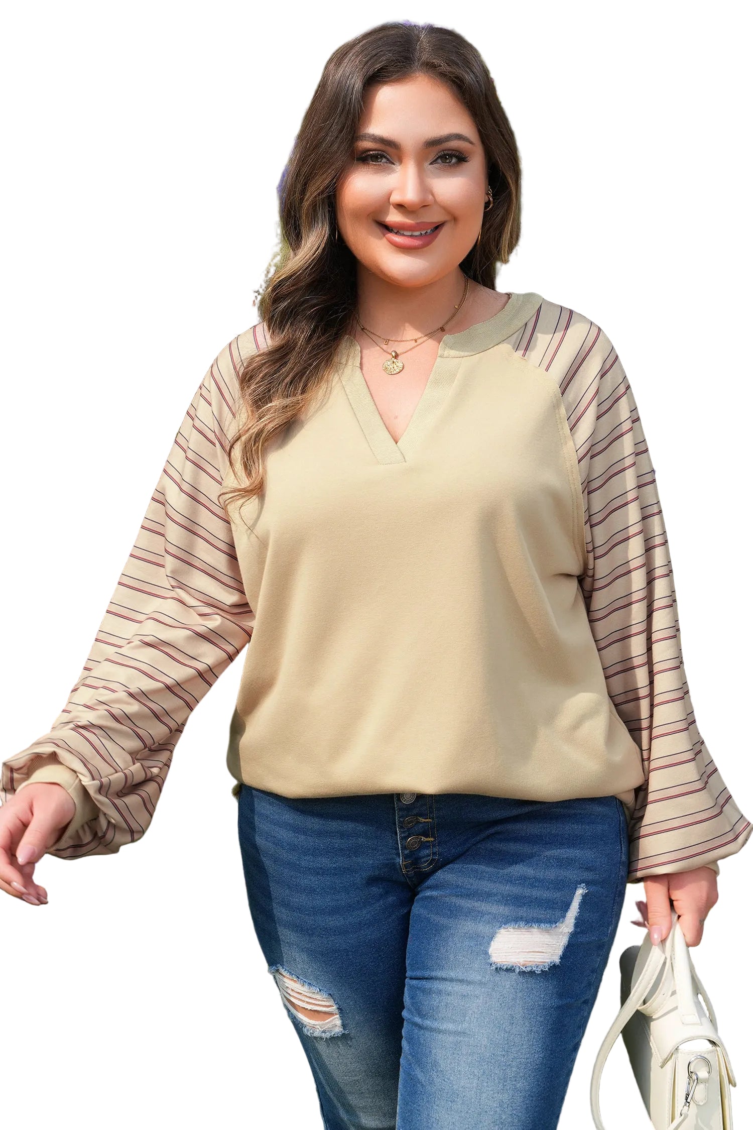 Parchment Striped Raglan Sleeve Notched Neck Raw Edge Plus Size Jumper