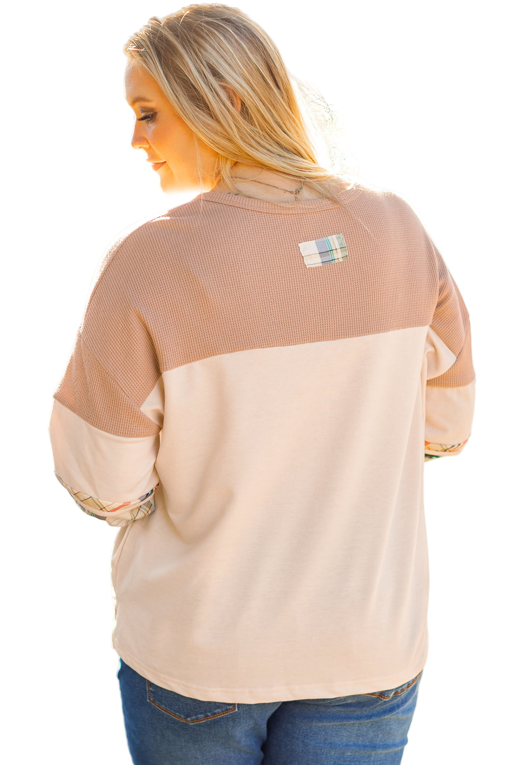 Parchment Plus Size Plaid Waffle Patchwork Henley Top