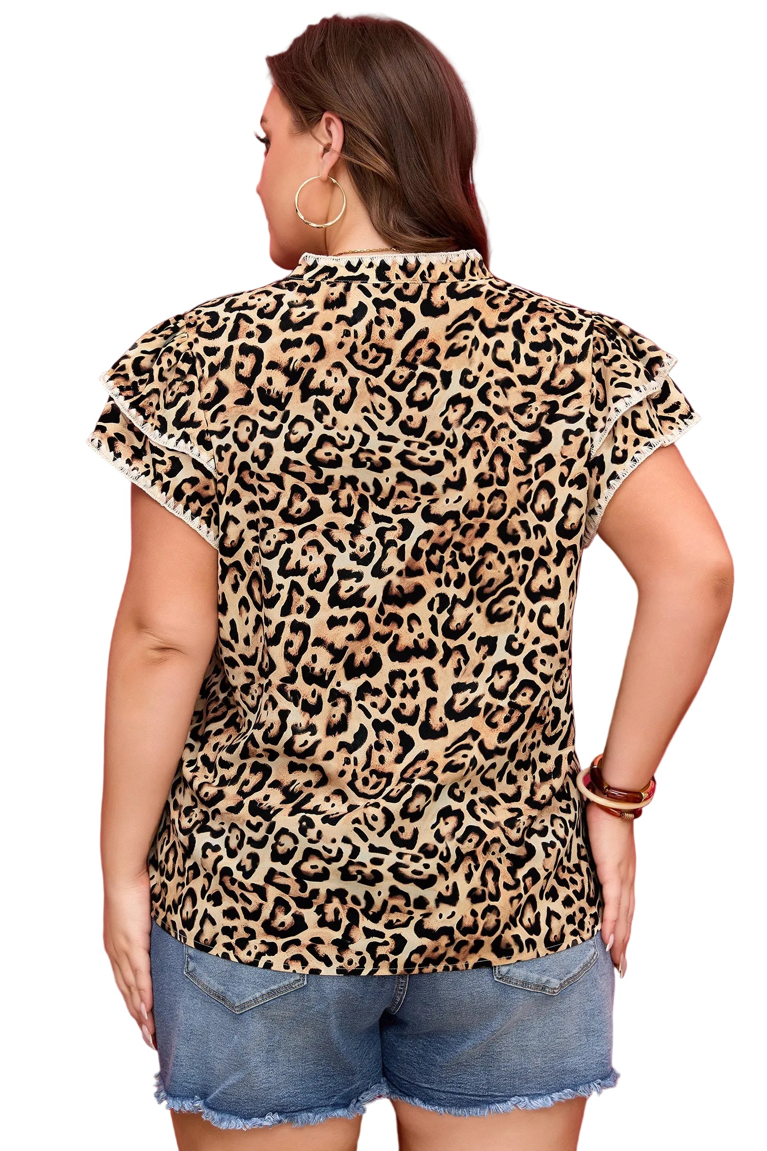 Khaki Plus Size Leopard Print Stitch Detail Ruffled Short Sleeve Blouse