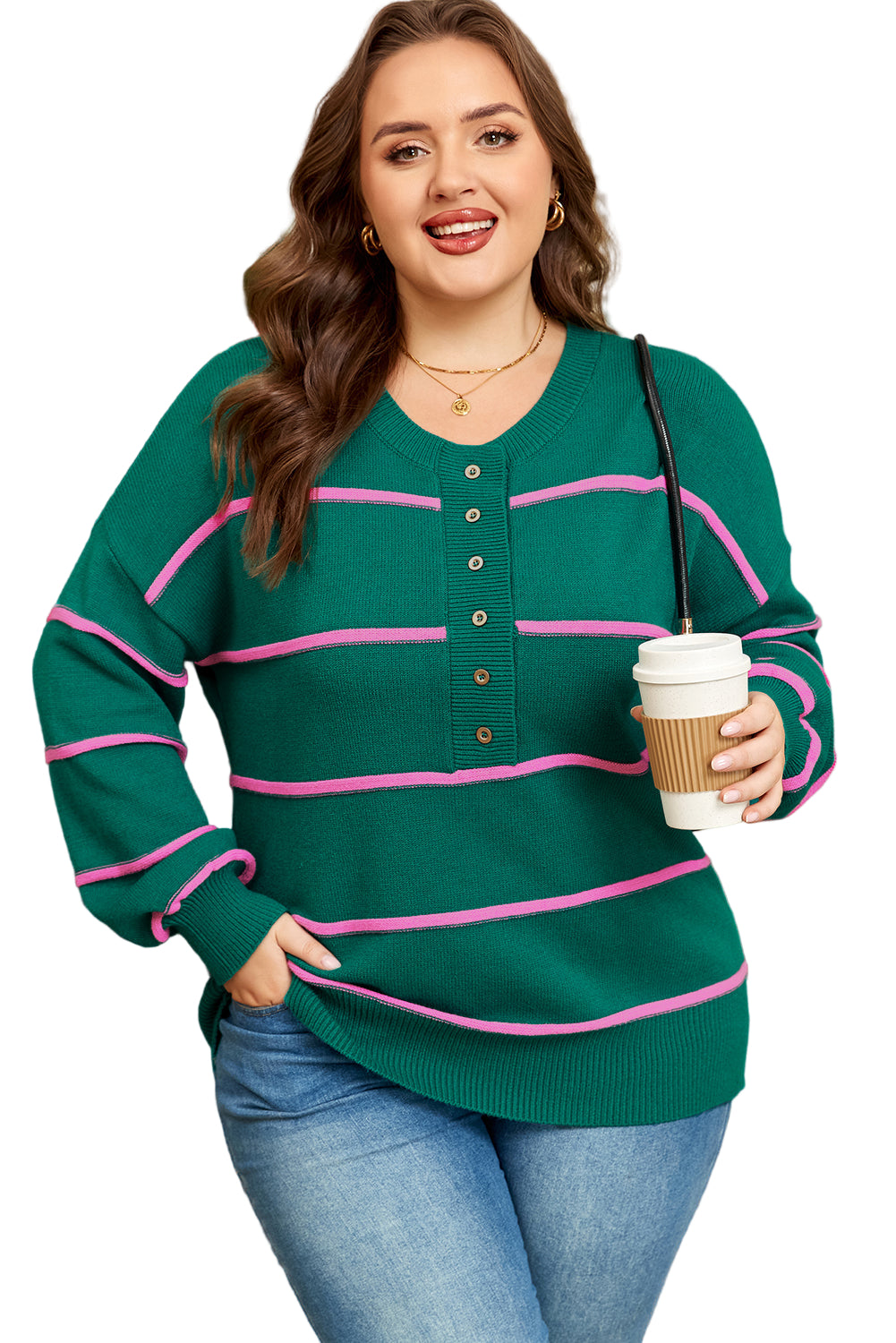 Green Stripe Half Buttons Drop Shoulder Plus Size Sweater