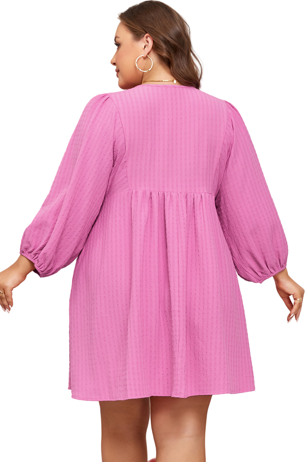 Sachet Pink Plus Size Textured Tie Split Neck Puff Sleeve Flowy Mini Dress