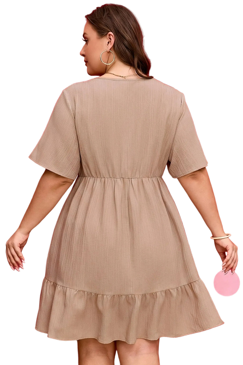Dark Khaki Plus Size Textured Ruffled Short Sleeve Dress