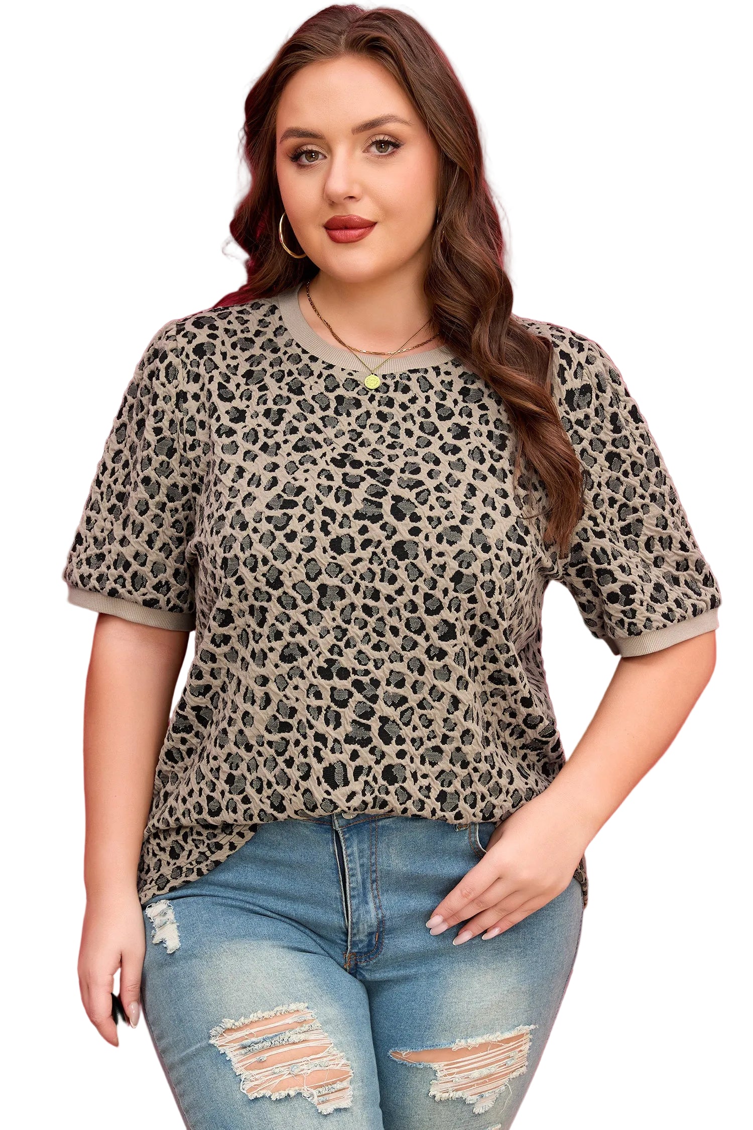 Khaki Leopard Print Textured Plus Size T Shirt