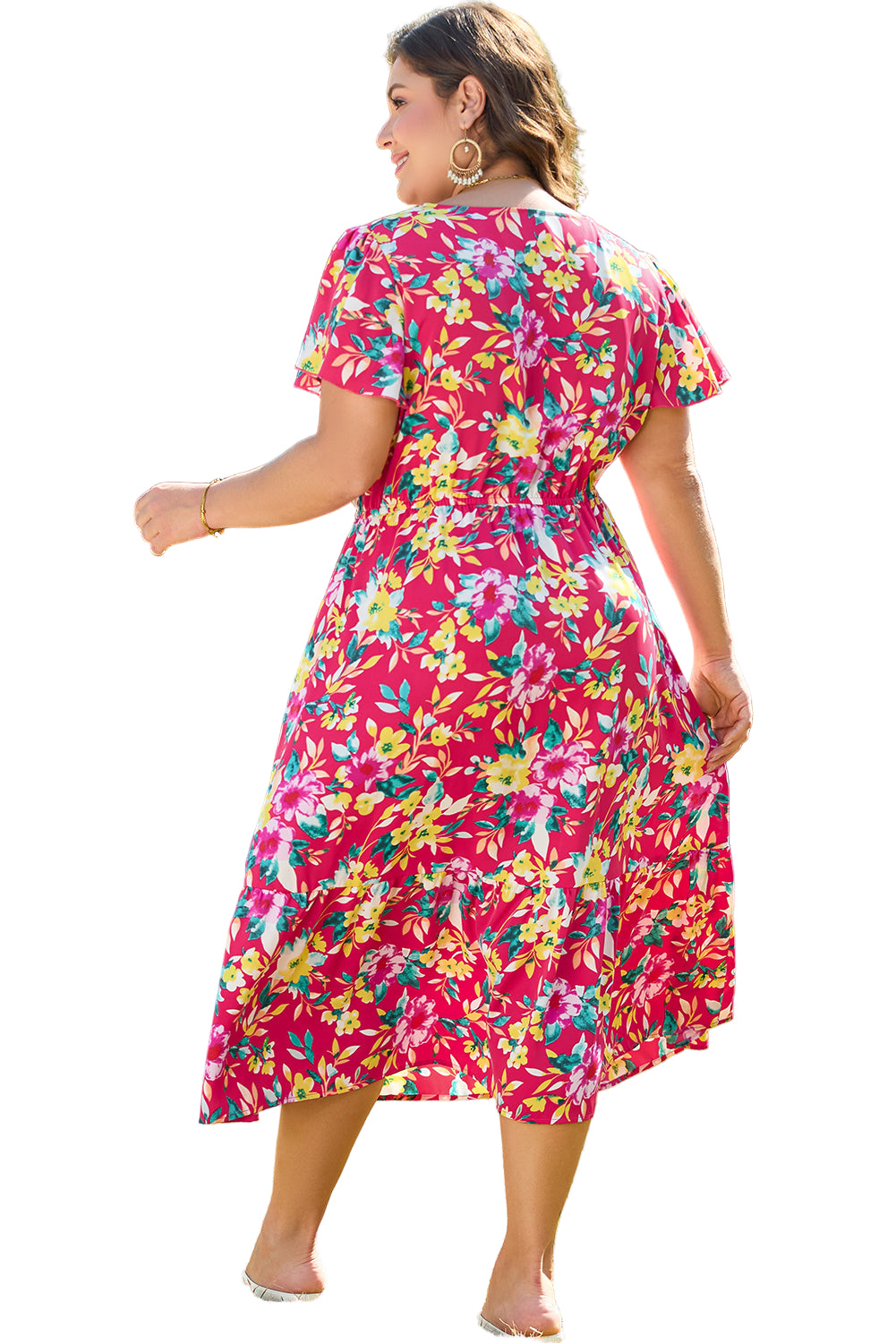 Pink Floral Print V Neck Pocketed High Waist Plus Size Midi Dress